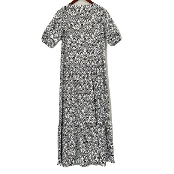 Noracora Dress Women S White Blue Damask Maxi Tier Cotton Linen Cottage Boho NWT - Picture 2 of 12